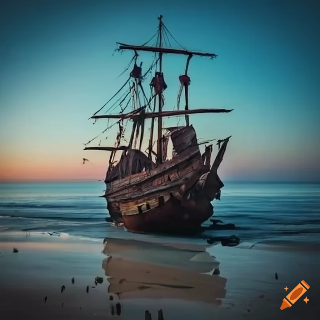 wrecked wooden galleon on the beach