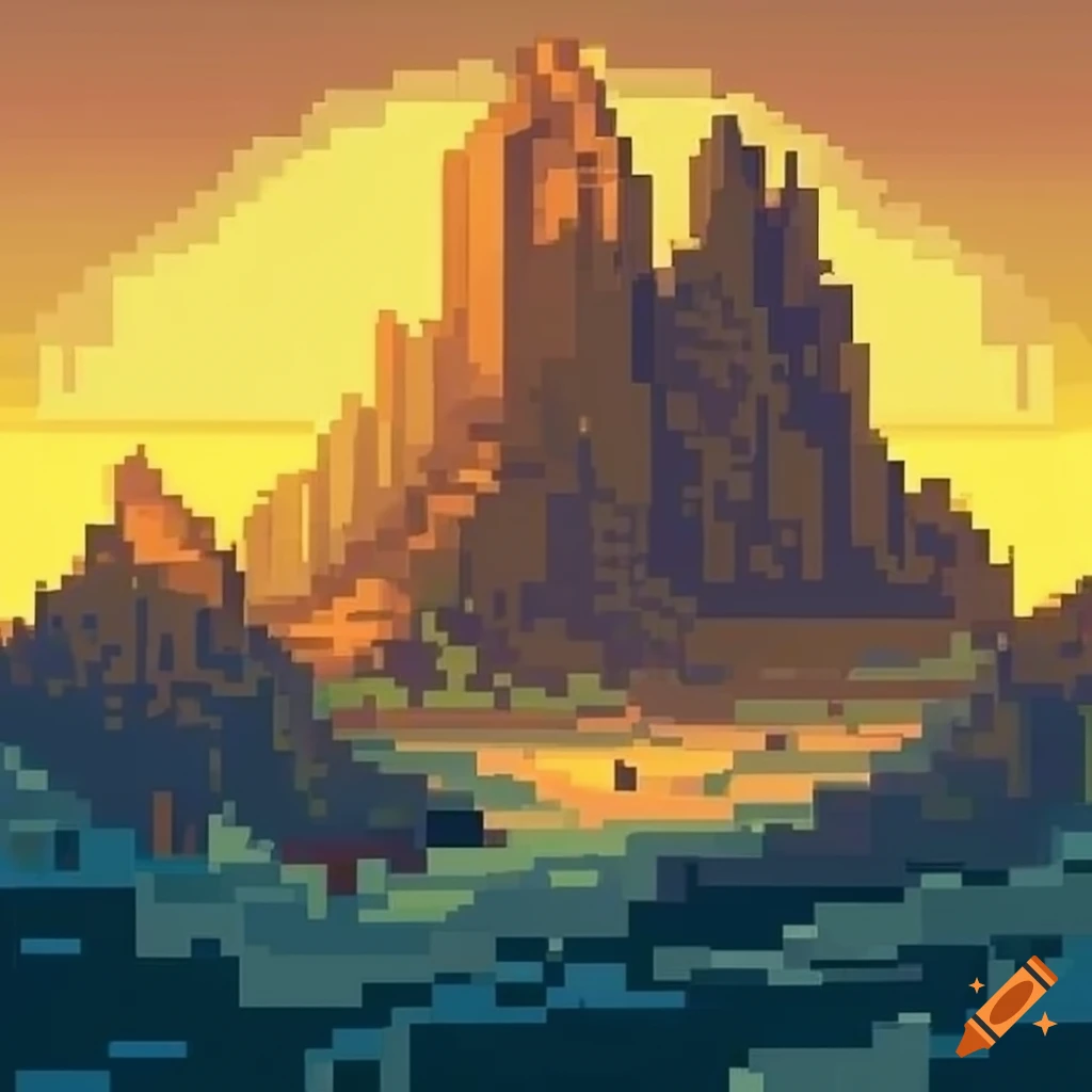 Pixel art landscape with mountains and a temple on Craiyon
