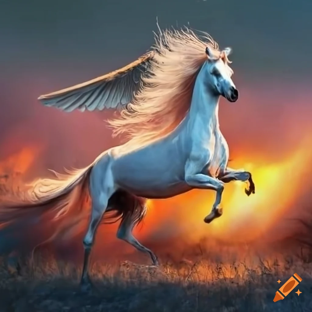 image of a Pegasus galloping through a blazing landscape