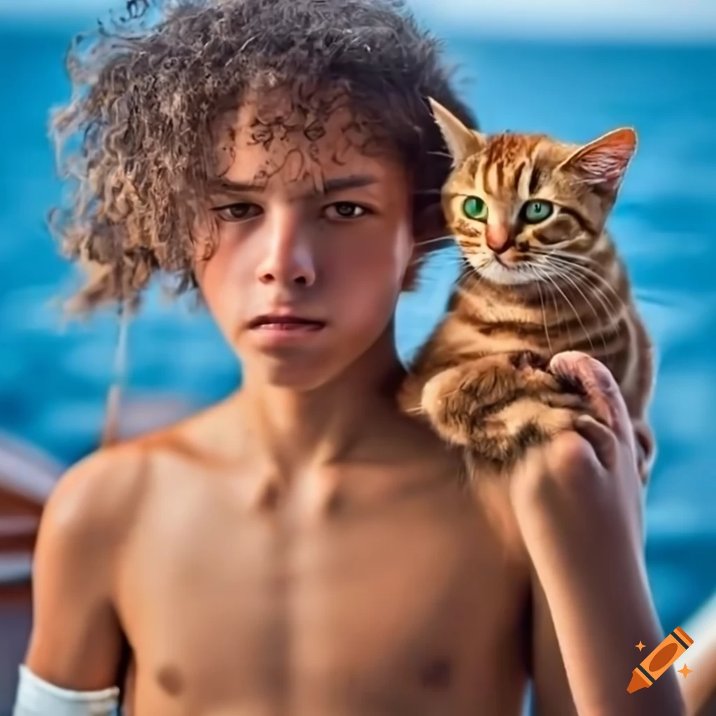 portrait of a boy with cat on a sailboat