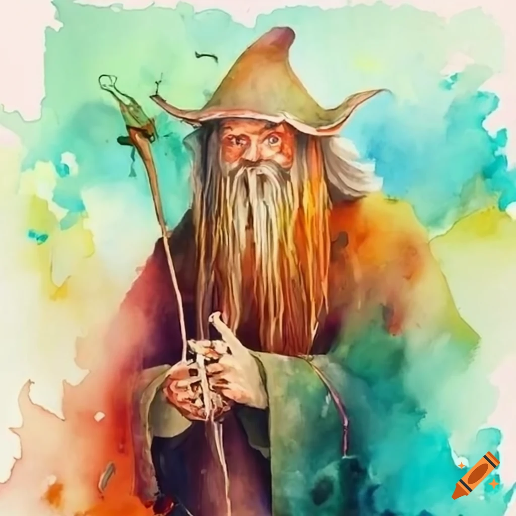 watercolor painting of a wizard in a beautiful landscape