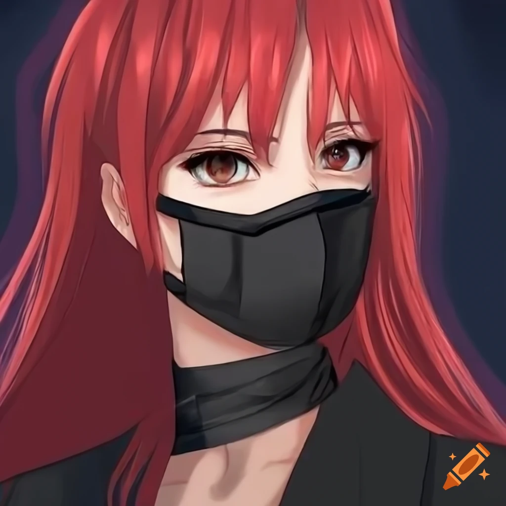 woman with red hair and brown eyes wearing black outfit and mask