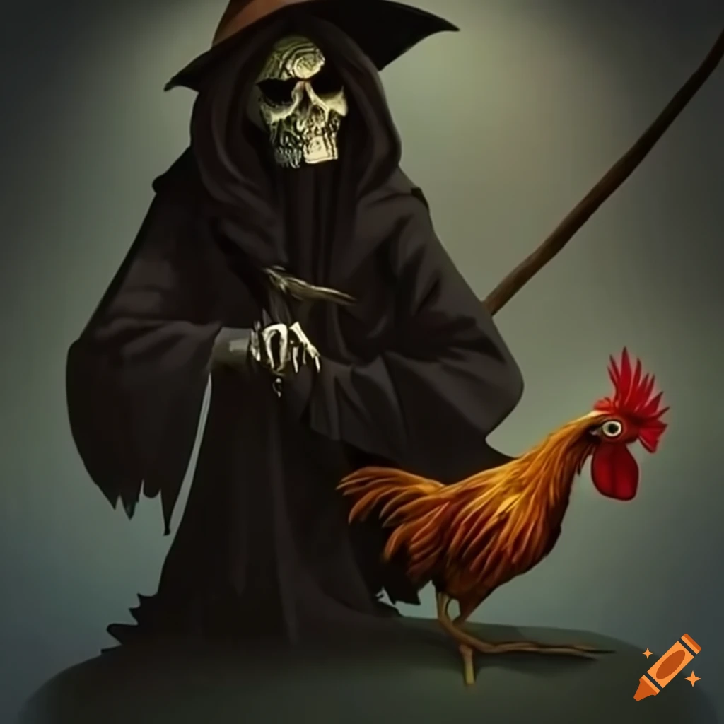 giant rooster dressed as grim reaper with cowboy hat
