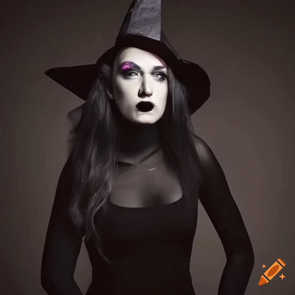 Photo Of A Stylish Transgender Woman In A Black Dress And Witch Hat On photo-of-a-stylish-transgender-woman-in-a-black-dress-and-witch-hat-on
