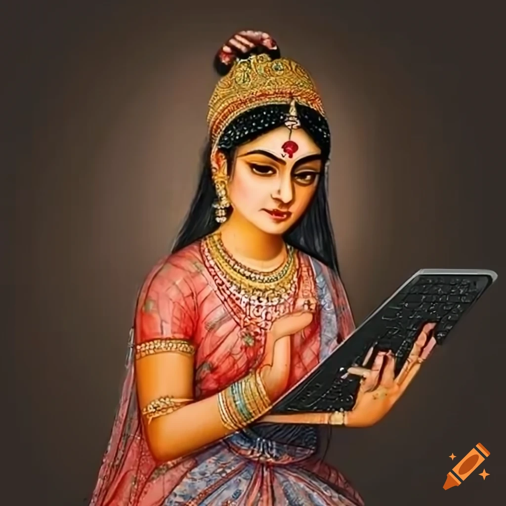 Indian miniature painting of a girl working on a laptop