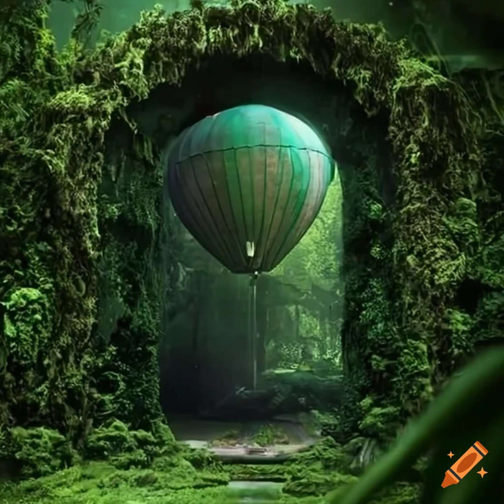 fantasy airship near a futuristic-maya door in the jungle
