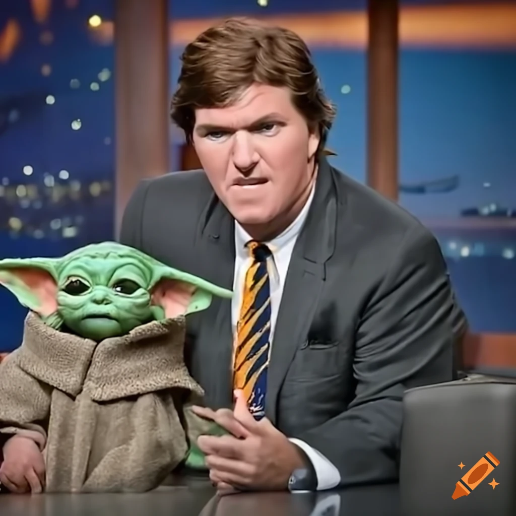 Tucker carlson interviewing baby yoda on a late night talk show