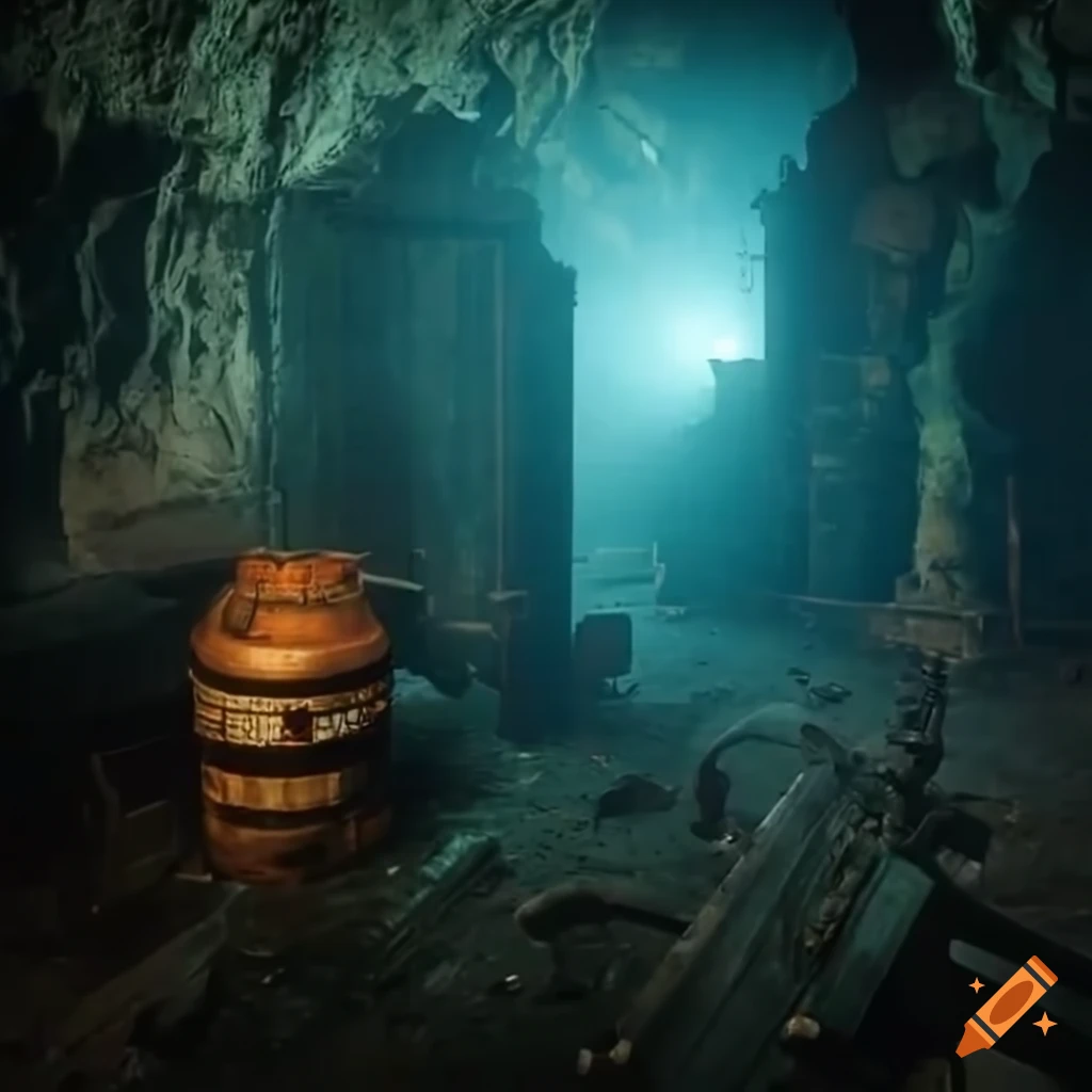Mysterious cave with old industrial equipment on Craiyon