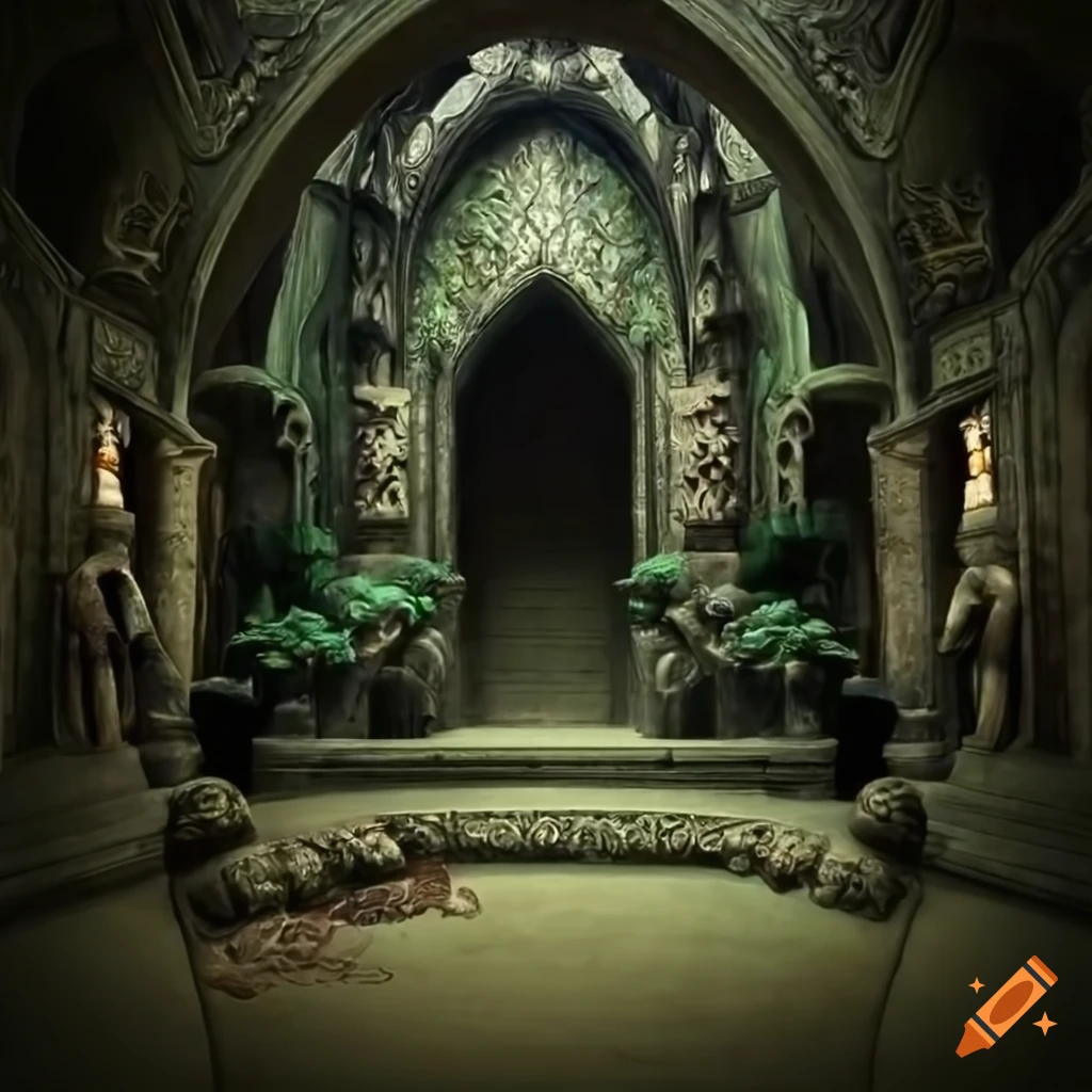 image of a dark Elven castle foyer with ancient statues