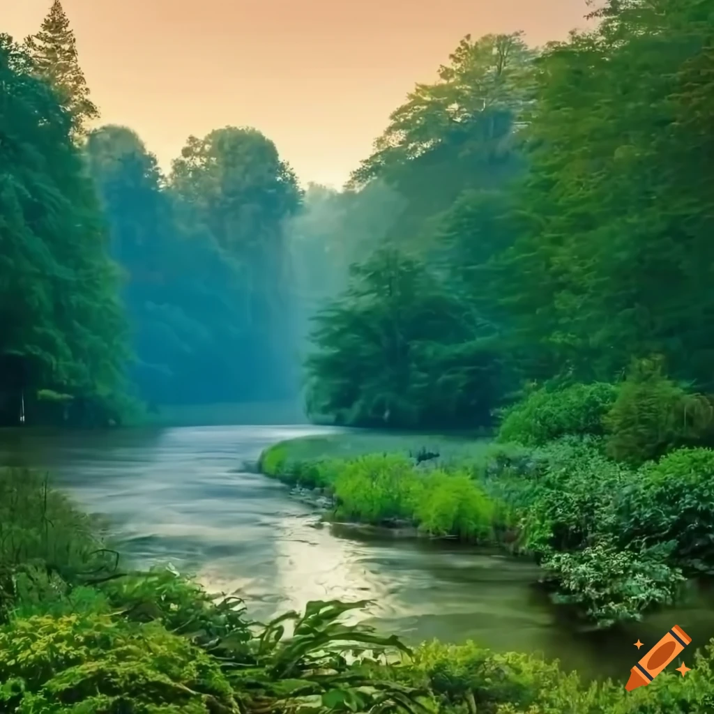 Lush Green Forest In A Beautiful Garden With A River On Craiyon