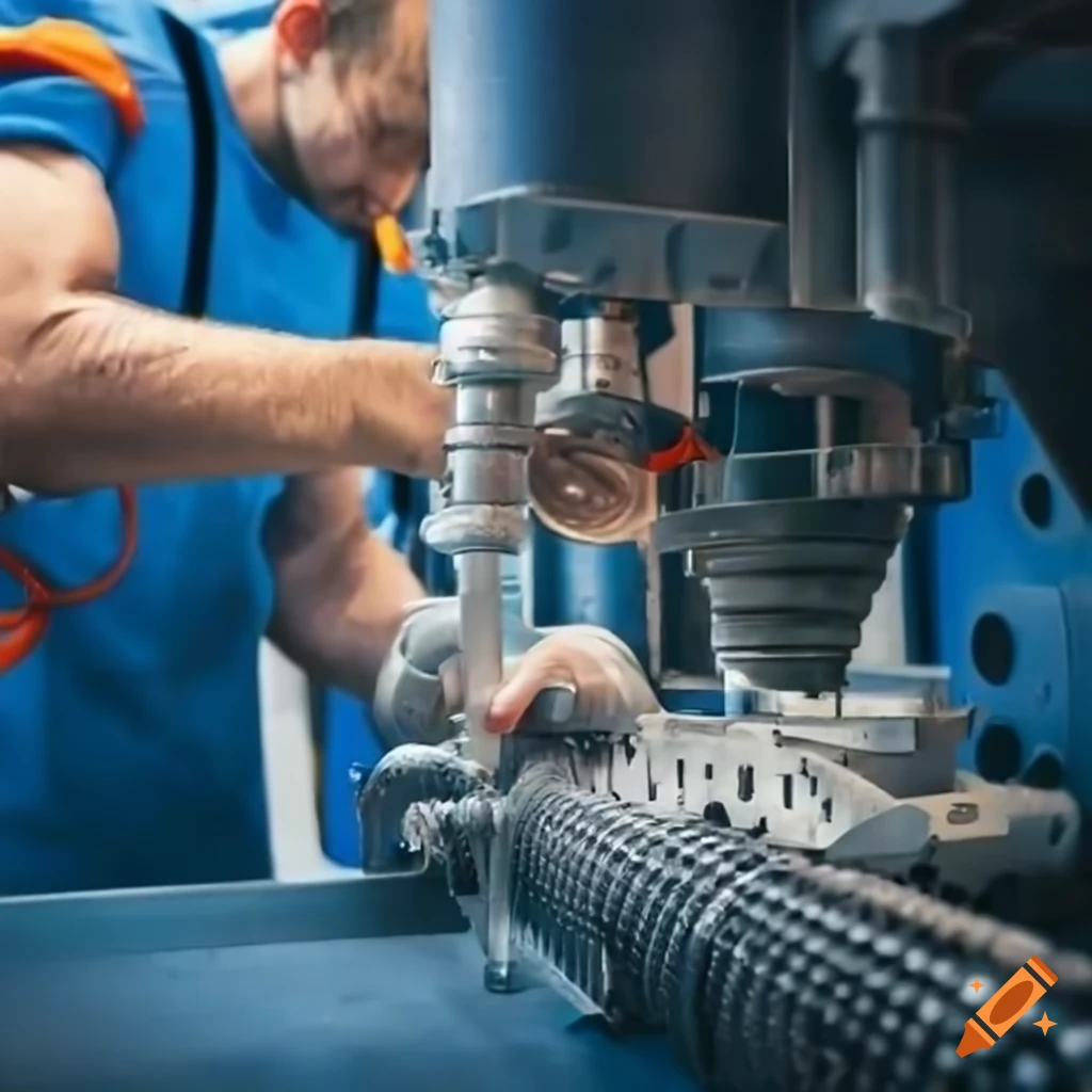 Skilled technician maintaining a rubber screw extruder on Craiyon