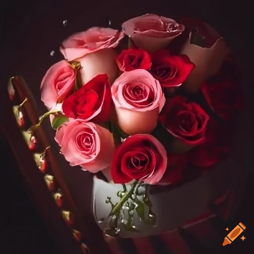Bouquet of pink and red roses with morning dew on Craiyon