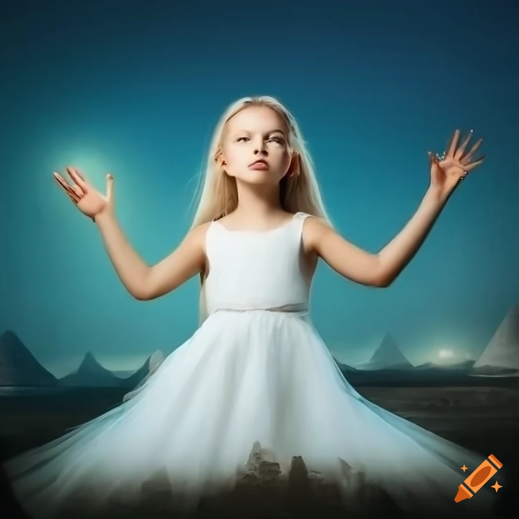 ethereal girl playing in front of the pyramids