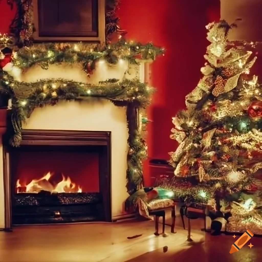 Christmas fireplace with lights and stockings