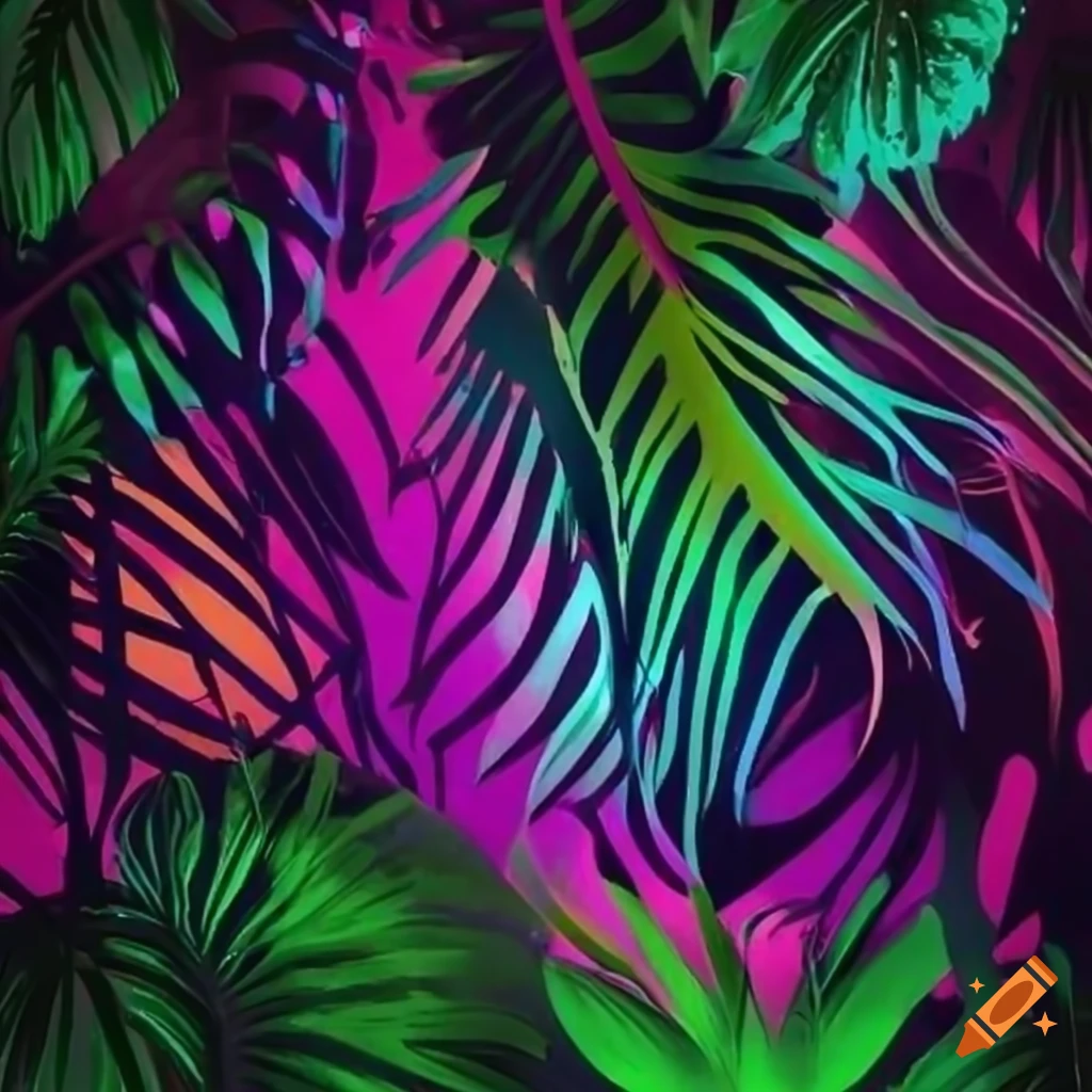 neon green and purple tropical scene