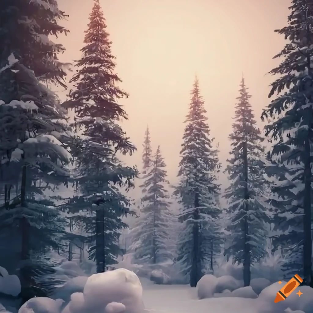 photo-realistic depiction of a snowy forest