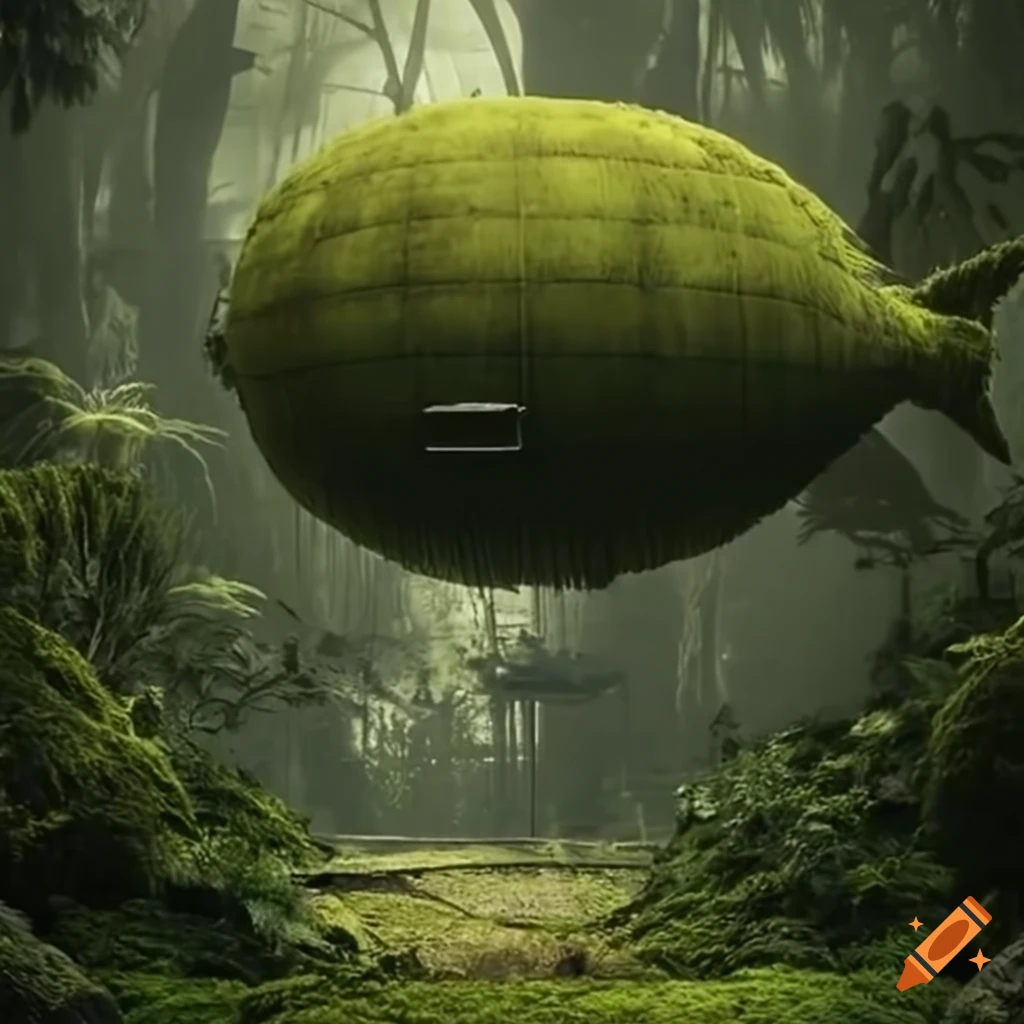 moss-covered airship above a futuristic-maya door in the jungle