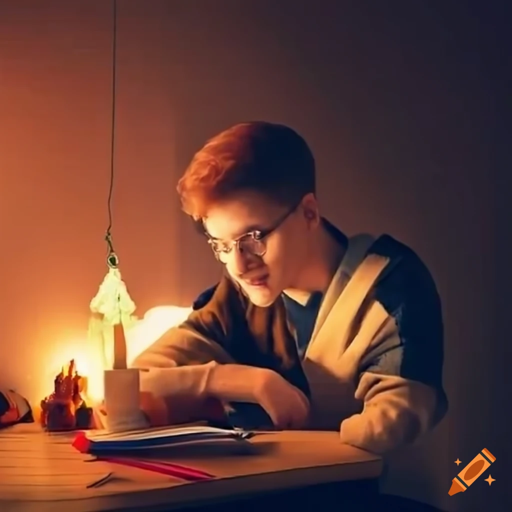 young man studying with decorations