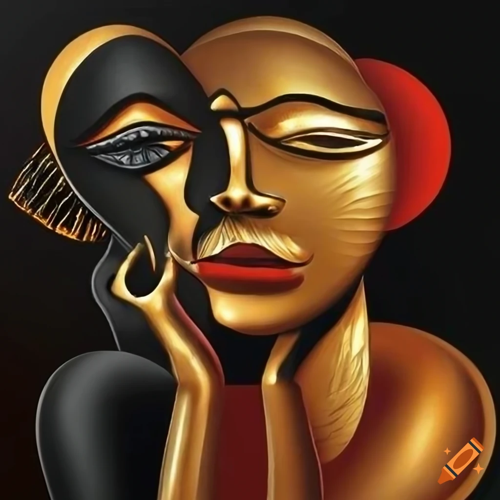 surrealism abstract art inspired by African tribe in gold, black, red, and copper