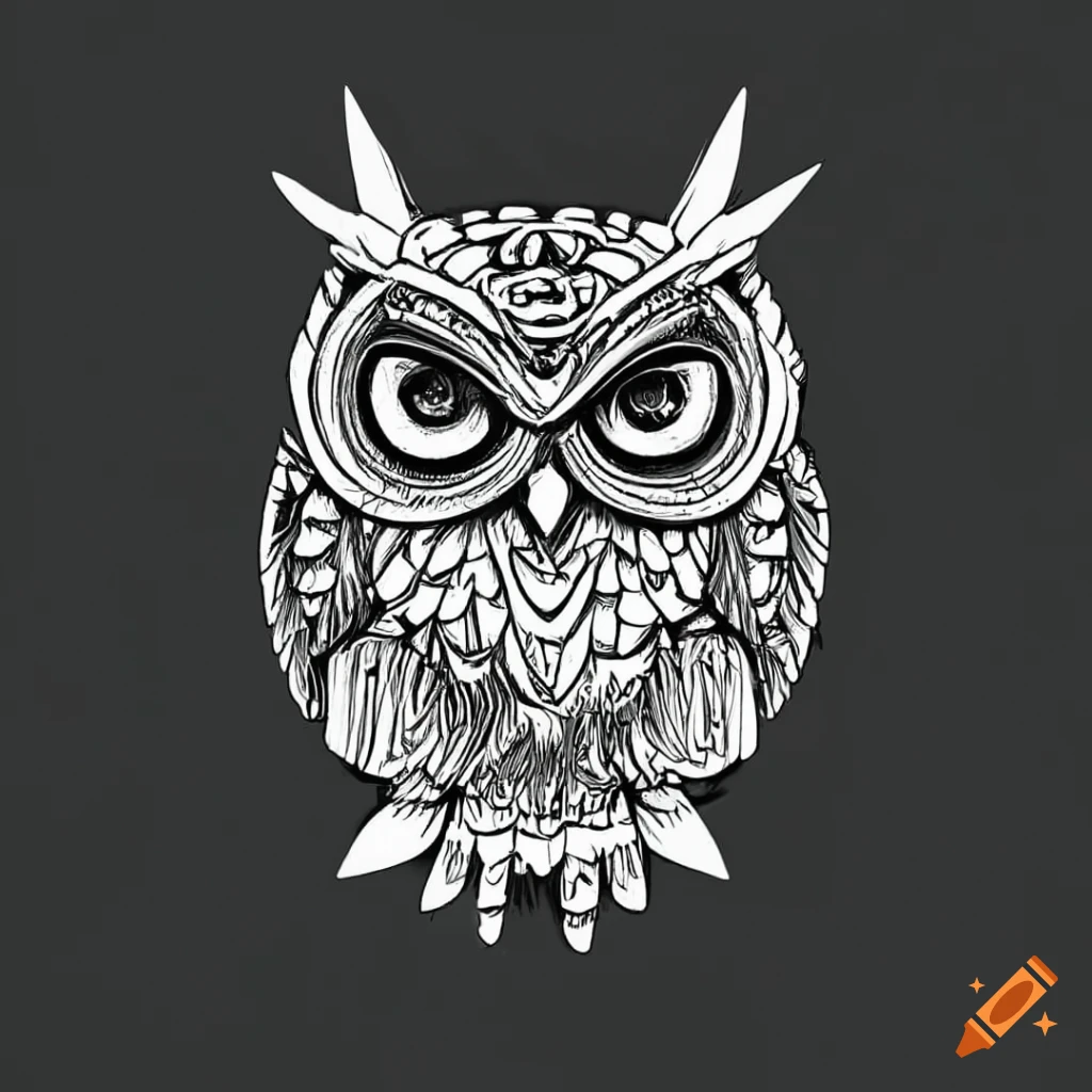 black and white Aztec owl drawing