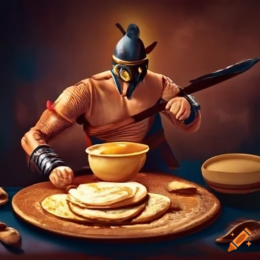 humorous image of a gladiator cooking pancakes