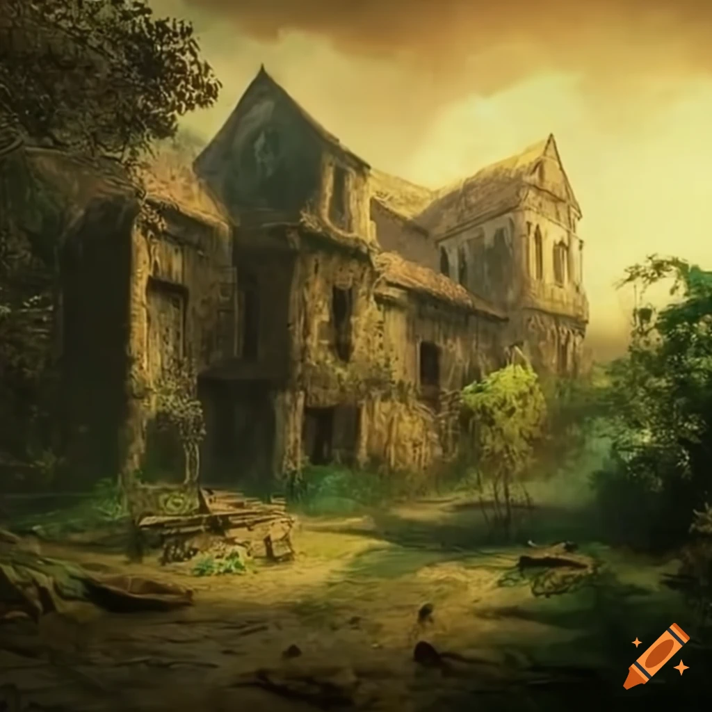 Rembrandt-style painting of an abandoned ancient village in the jungle ...
