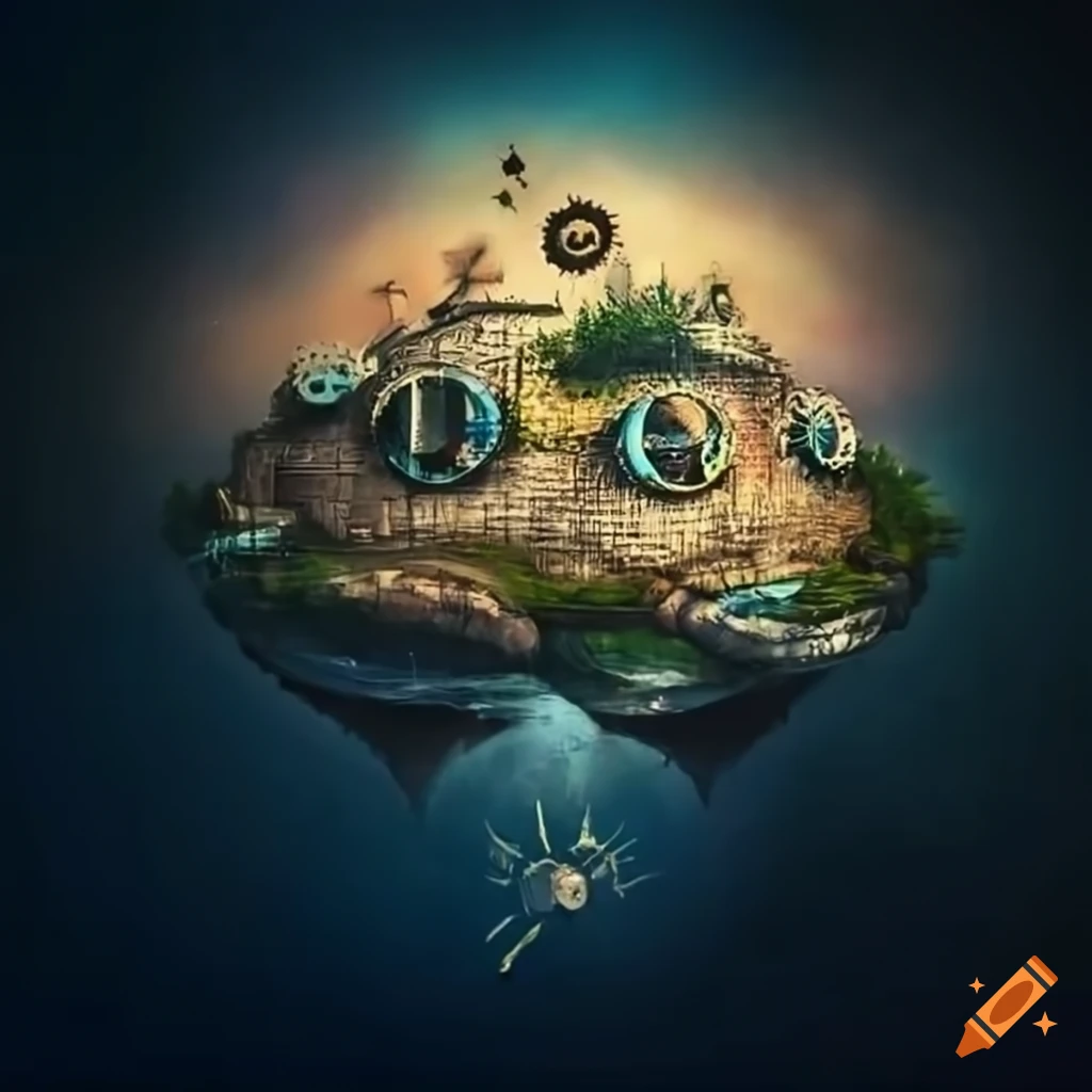 Surrealist painting of floating island with clock gears and mythical ...