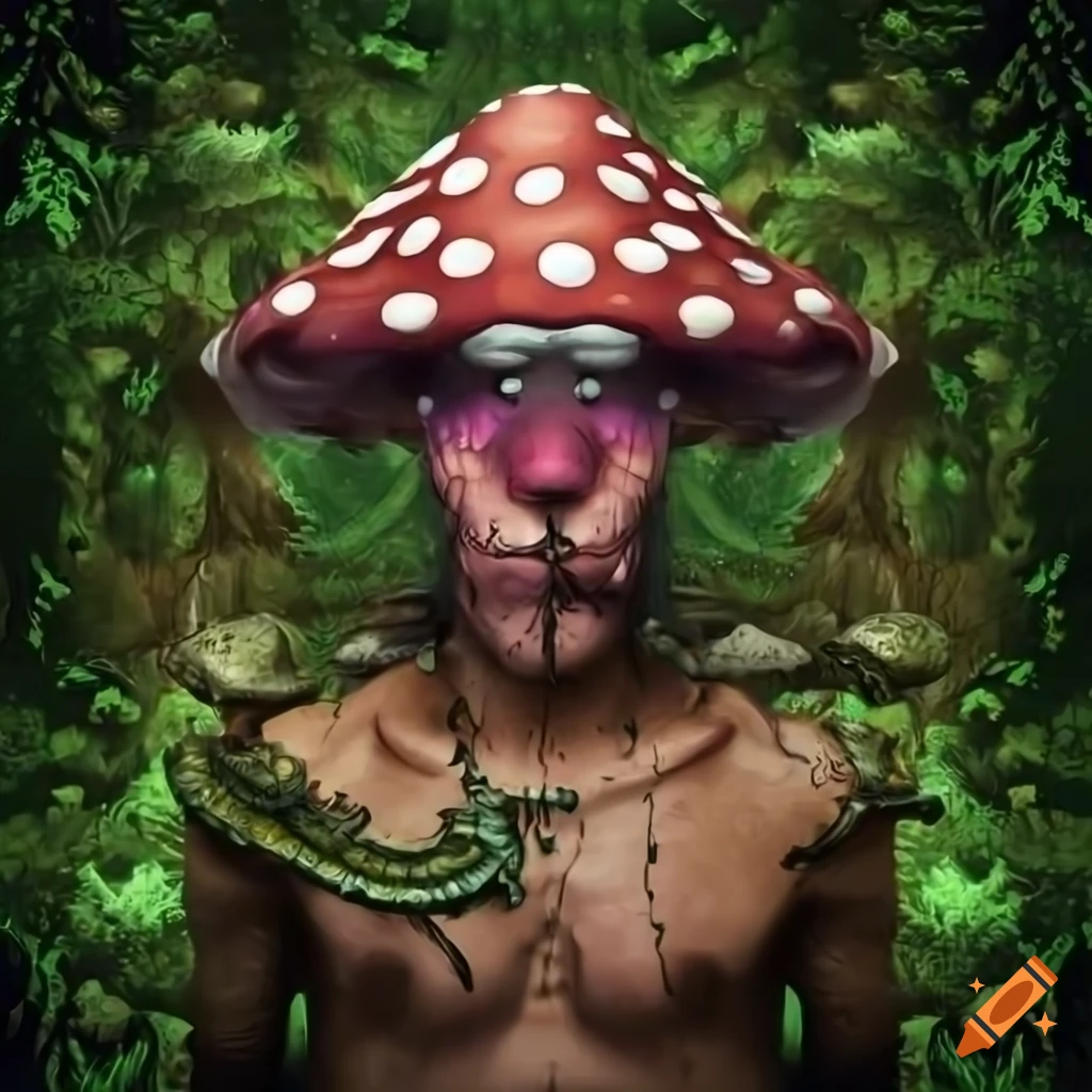portrait of a mushroom warrior in a magical forest