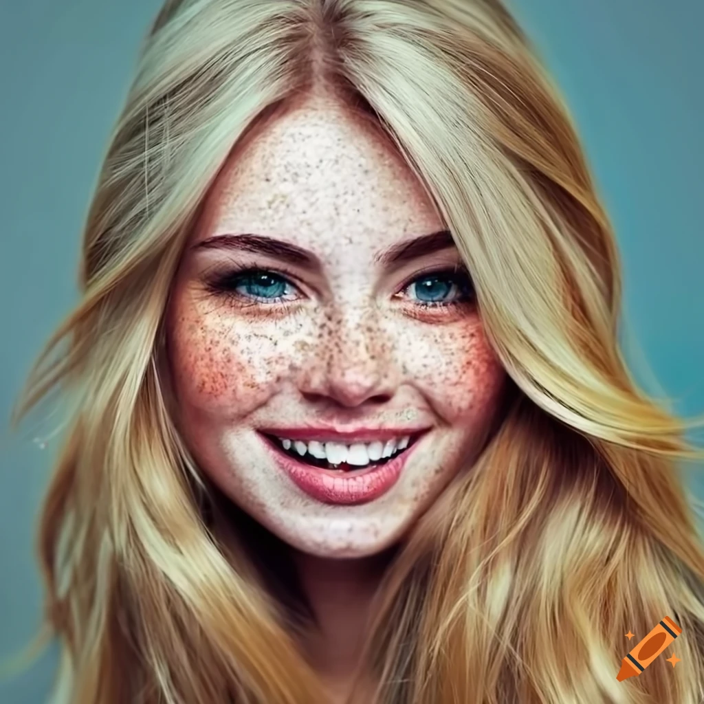 Portrait of a beautiful young woman with freckles and blonde hair on ...