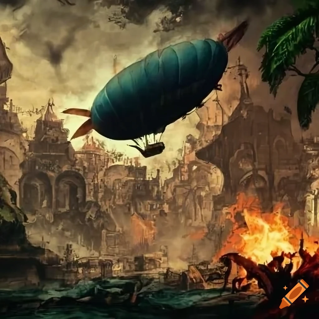 Fiery airship falling over a moss-covered jungle city