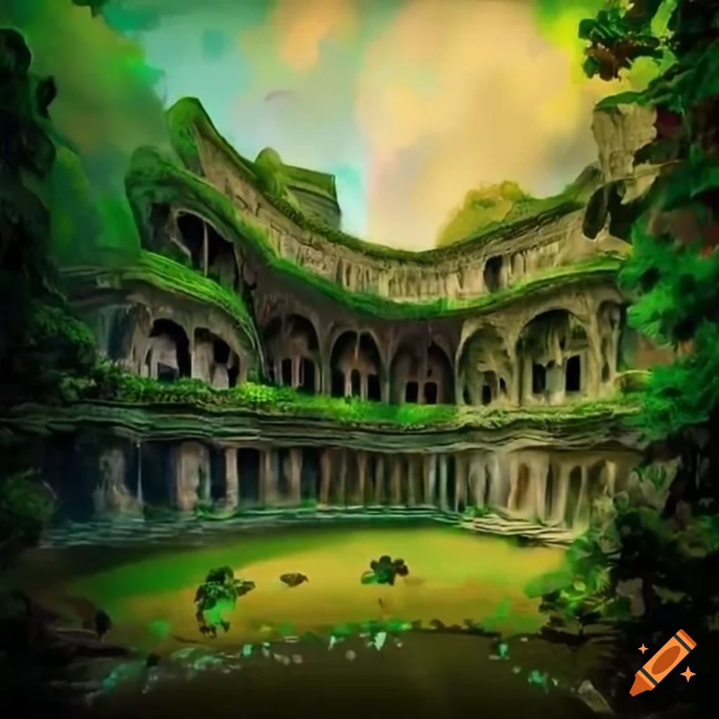 Mayan-style garden with a moss-covered airship