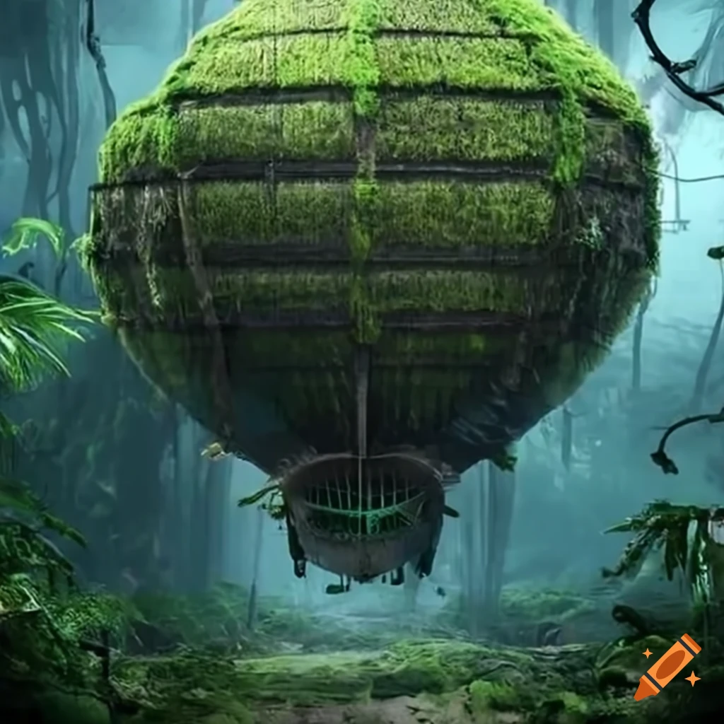 moss-covered airship above a futuristic-maya door in the jungle