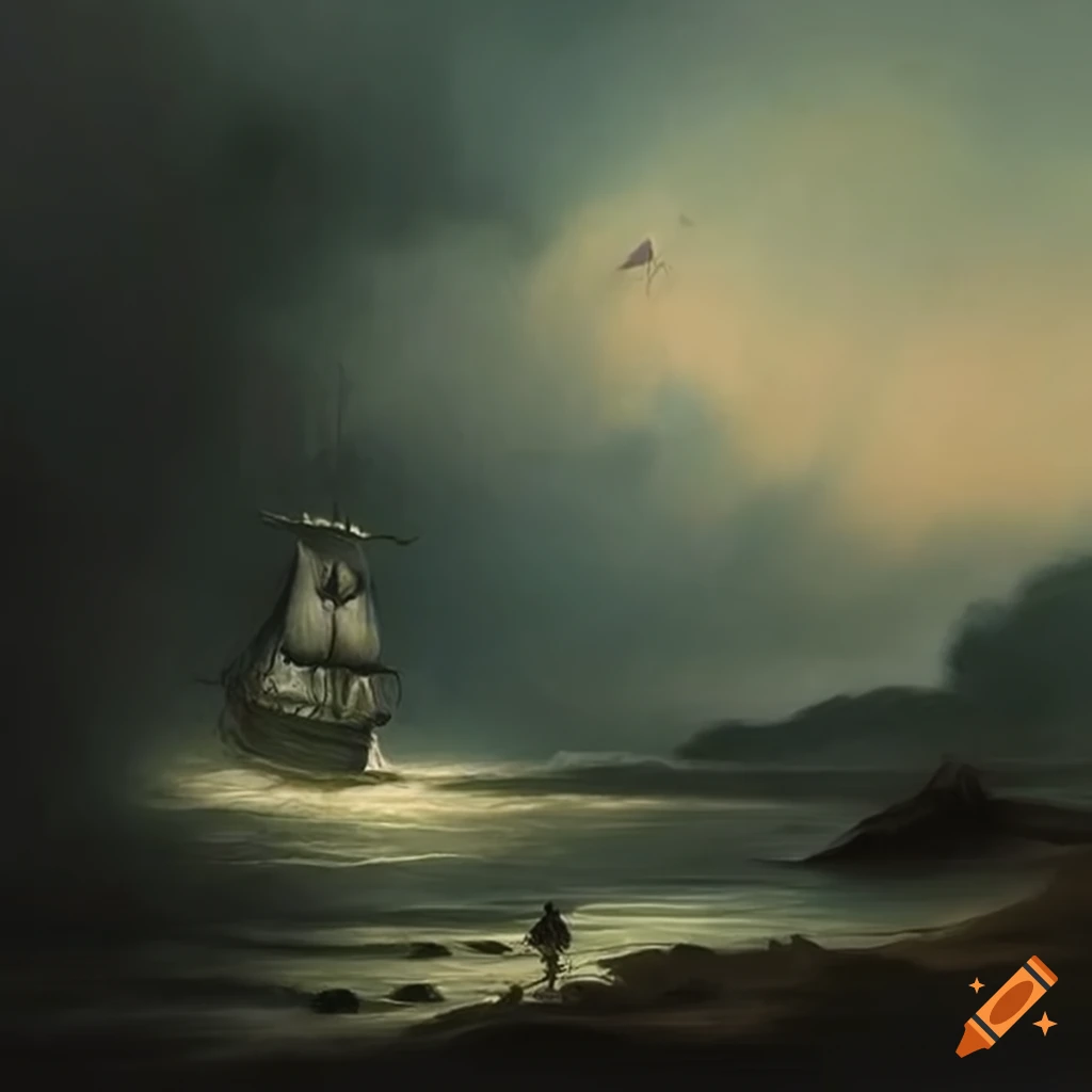 haunting painting of a shipwrecked galleon on a shore