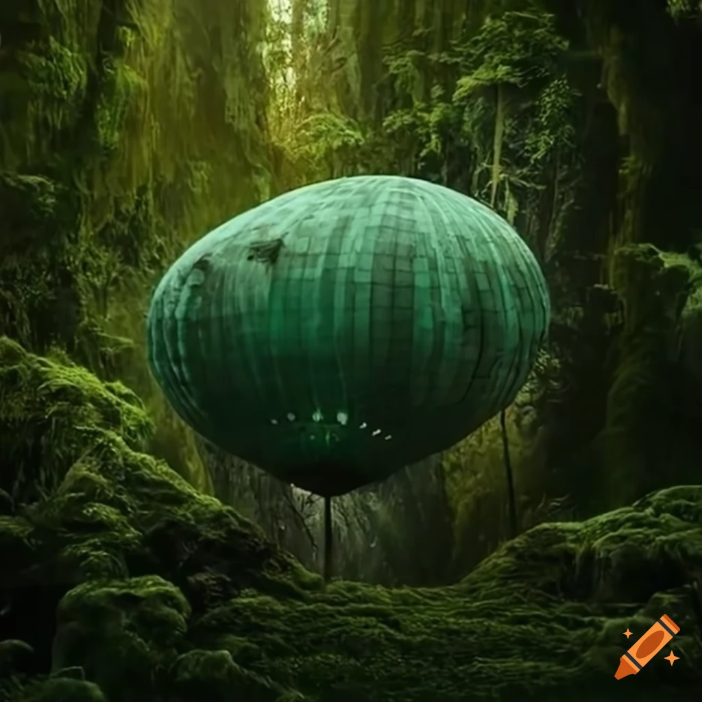moss-covered airship above a futuristic-maya door in the jungle