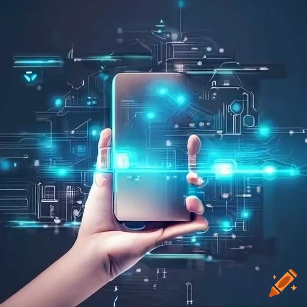 hand holding a smartphone with AI interface