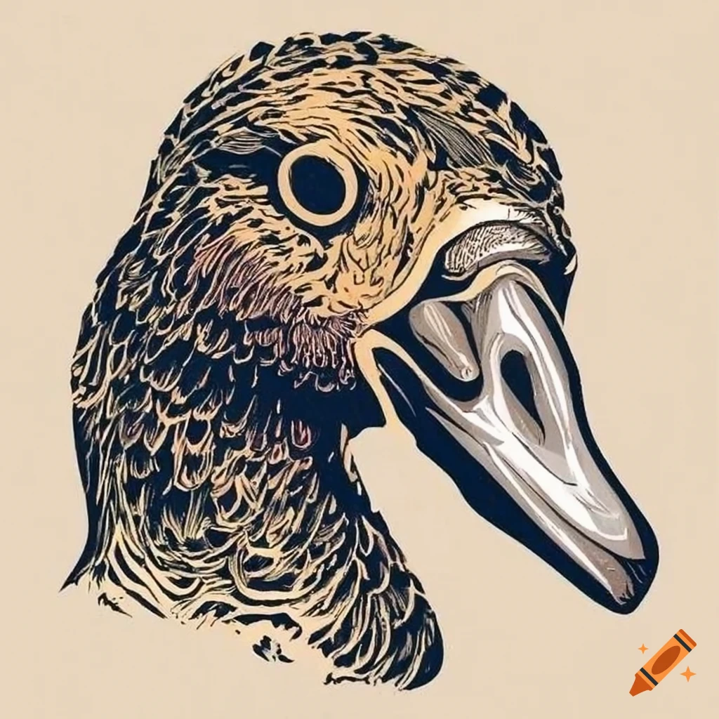 woodcut of a detailed duck in folklore style