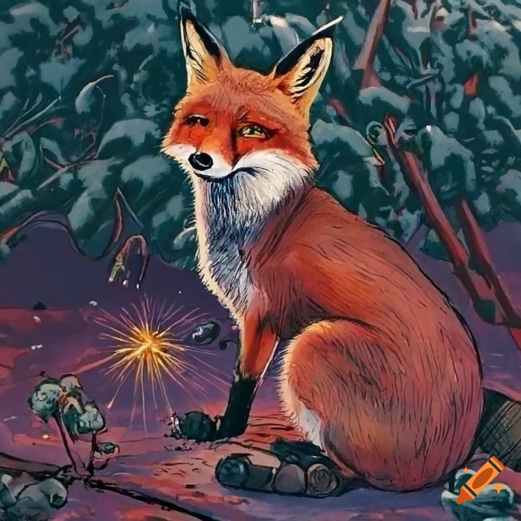fox in a vineyard from a noir graphic novel