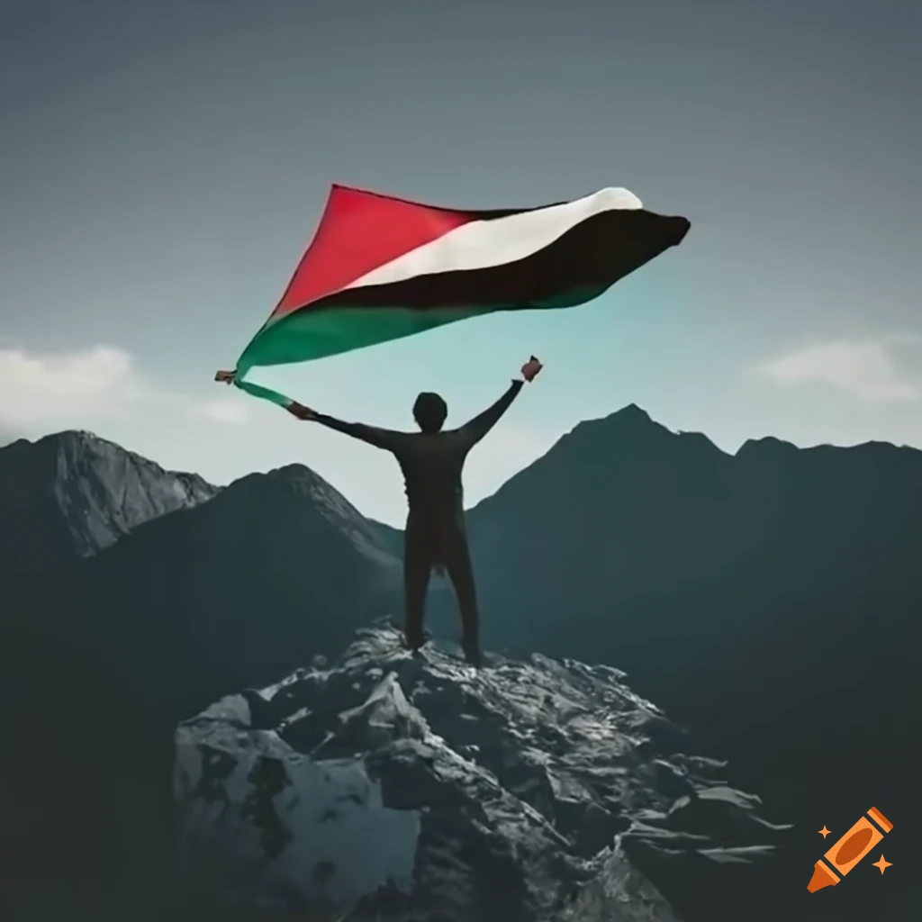 Man waving palestine flag on a mountain on Craiyon