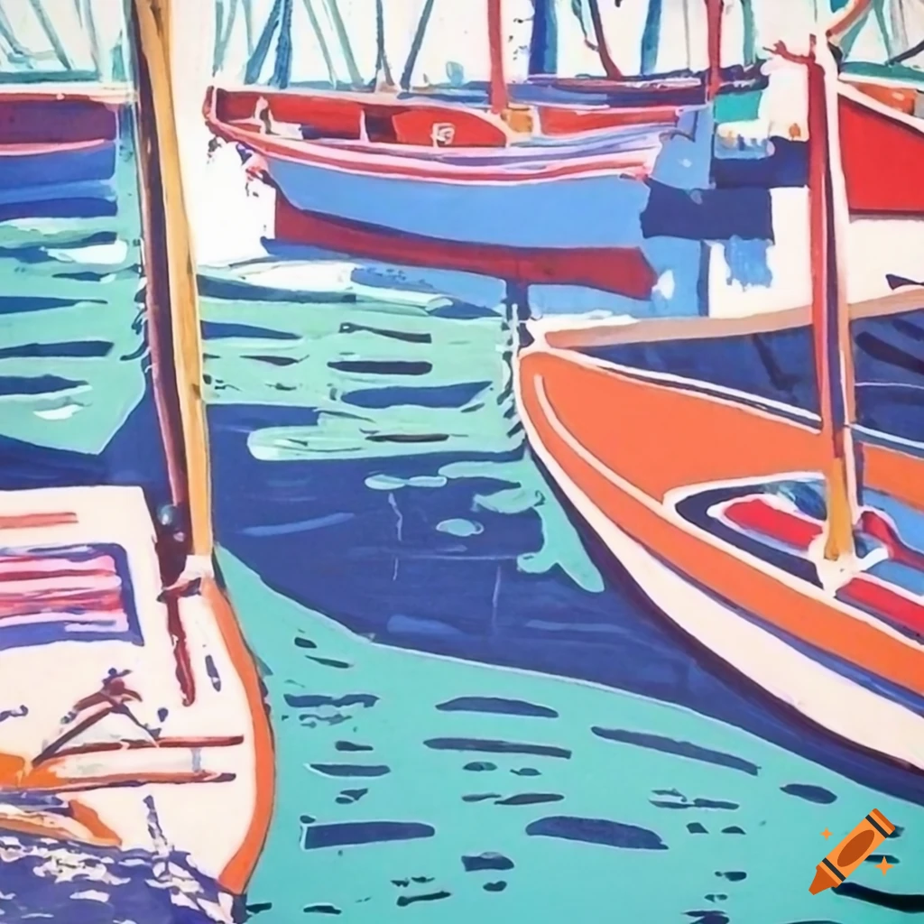 lino print of boats in a marina