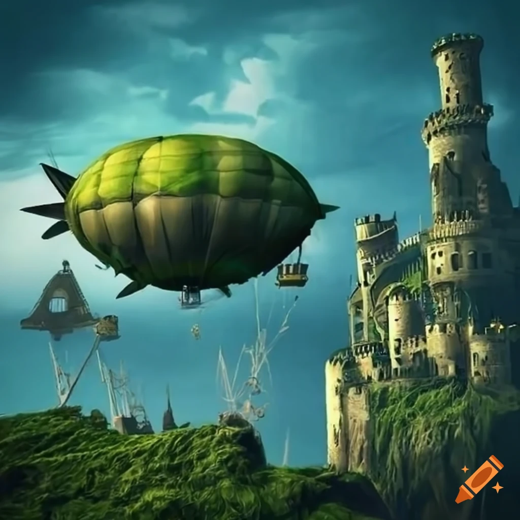 Artwork of an airship flying over a moss-covered castle on Craiyon