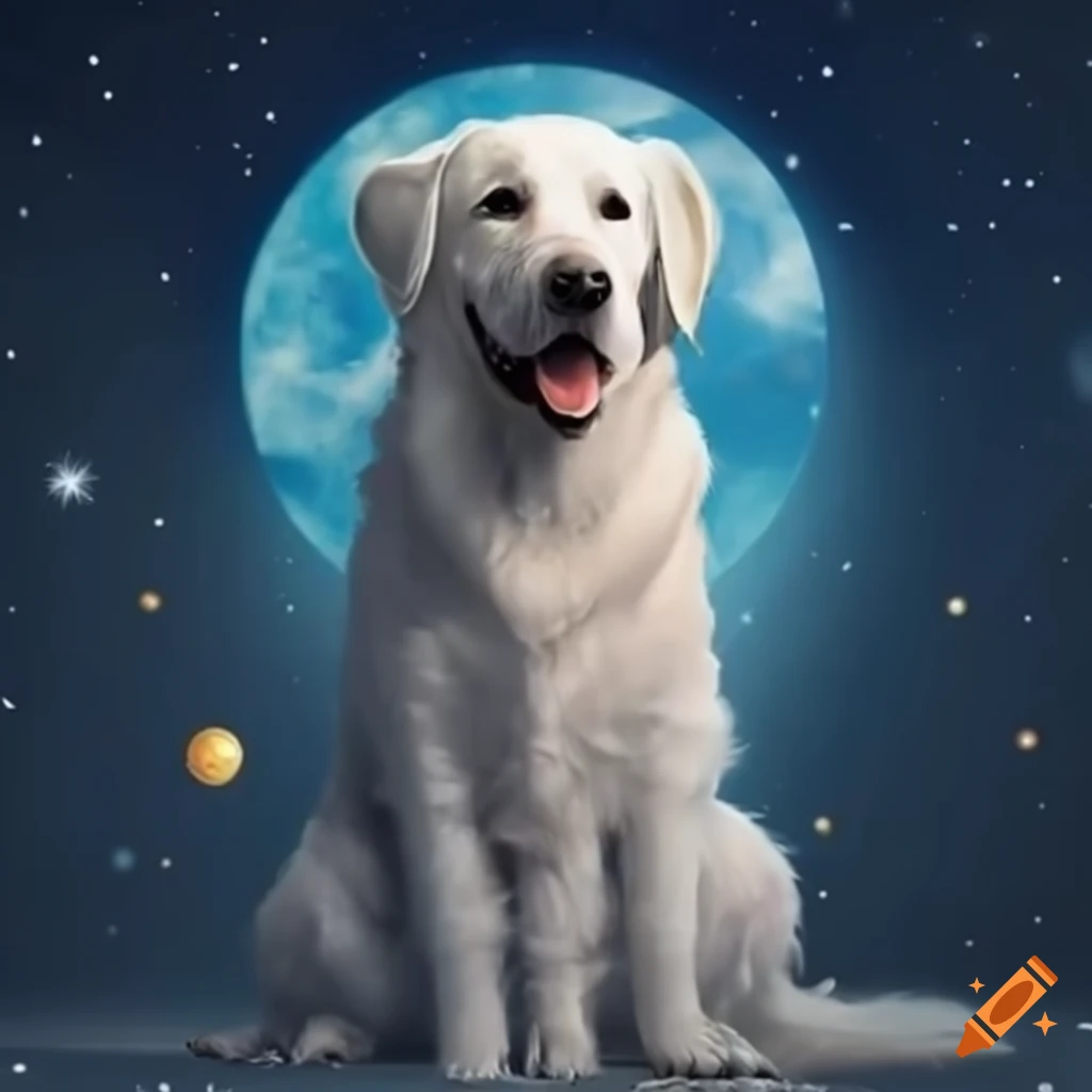 perro golden en el espacio frente al sol y la luna