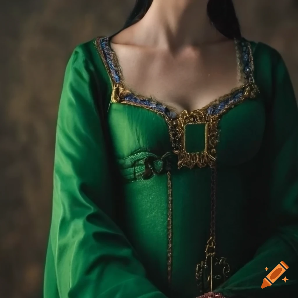 Portrait of a medieval lady with black hair and green clothes on Craiyon