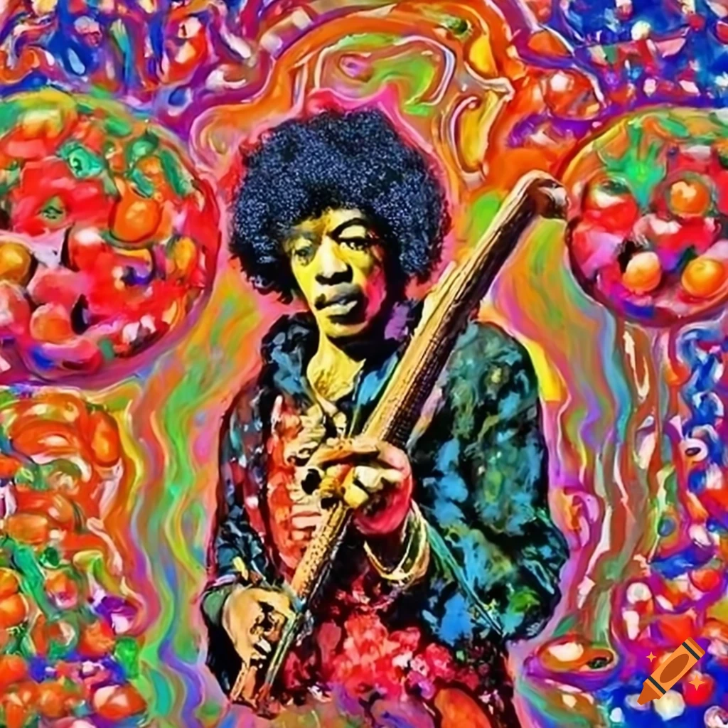colorful painting with floating tomatoes and Jimi Hendrix dancing