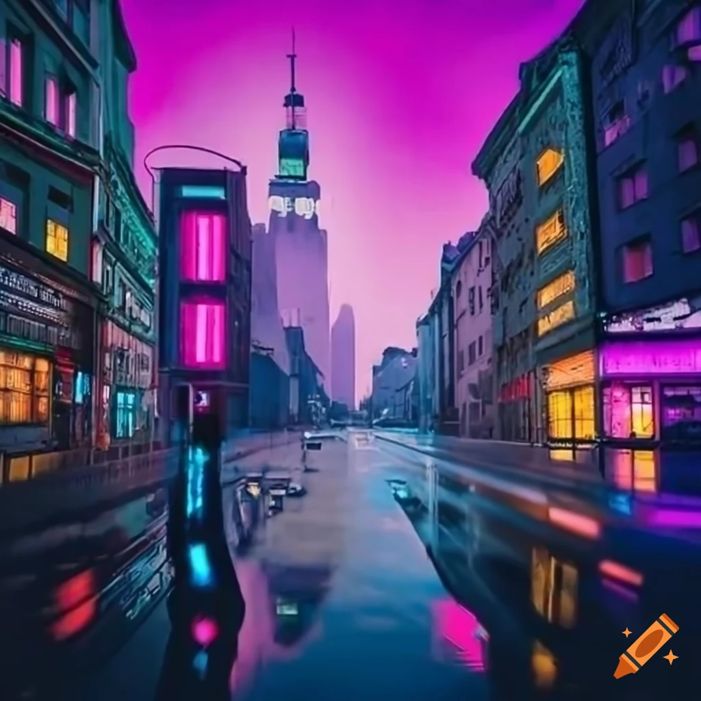 Cyberpunk-style depiction of warsaw with a retro-futuristic lighting on ...