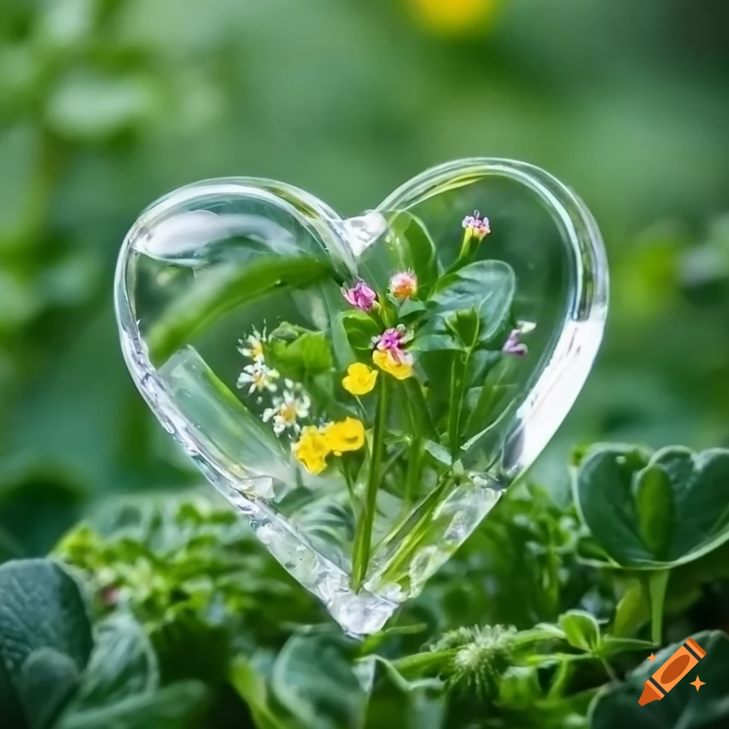 glass heart filled with plants and flowers