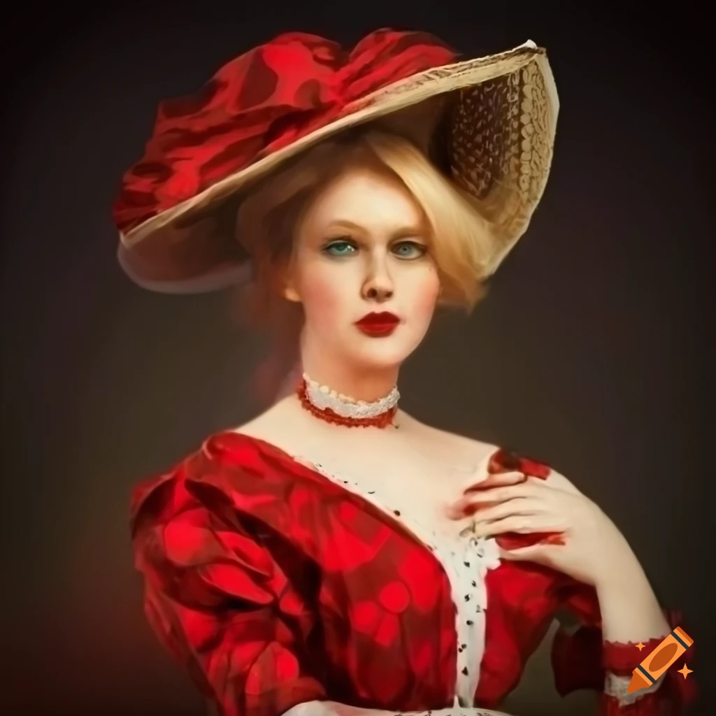 portrait of a blonde woman in a red polka dot dress