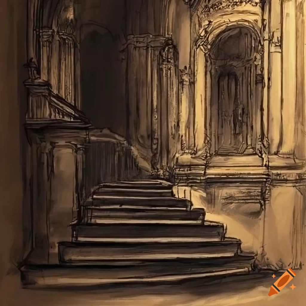 charcoal sketch of palace stairs with gold details