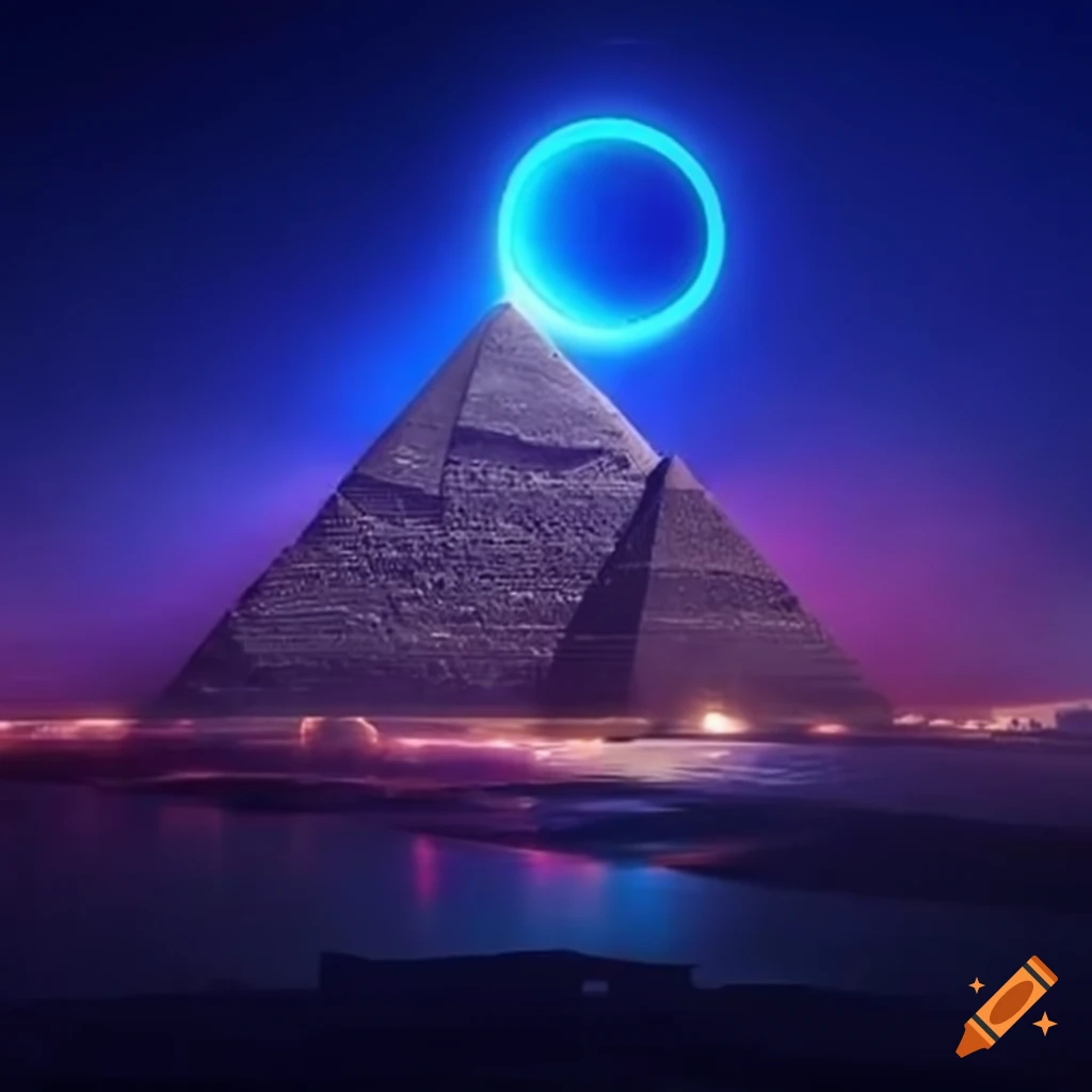 futuristic Egyptian city with neon lights and holographic pyramids