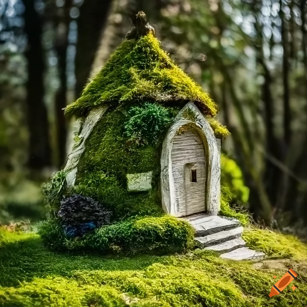 Realistic photo of a hamster in a moss fairy house on Craiyon