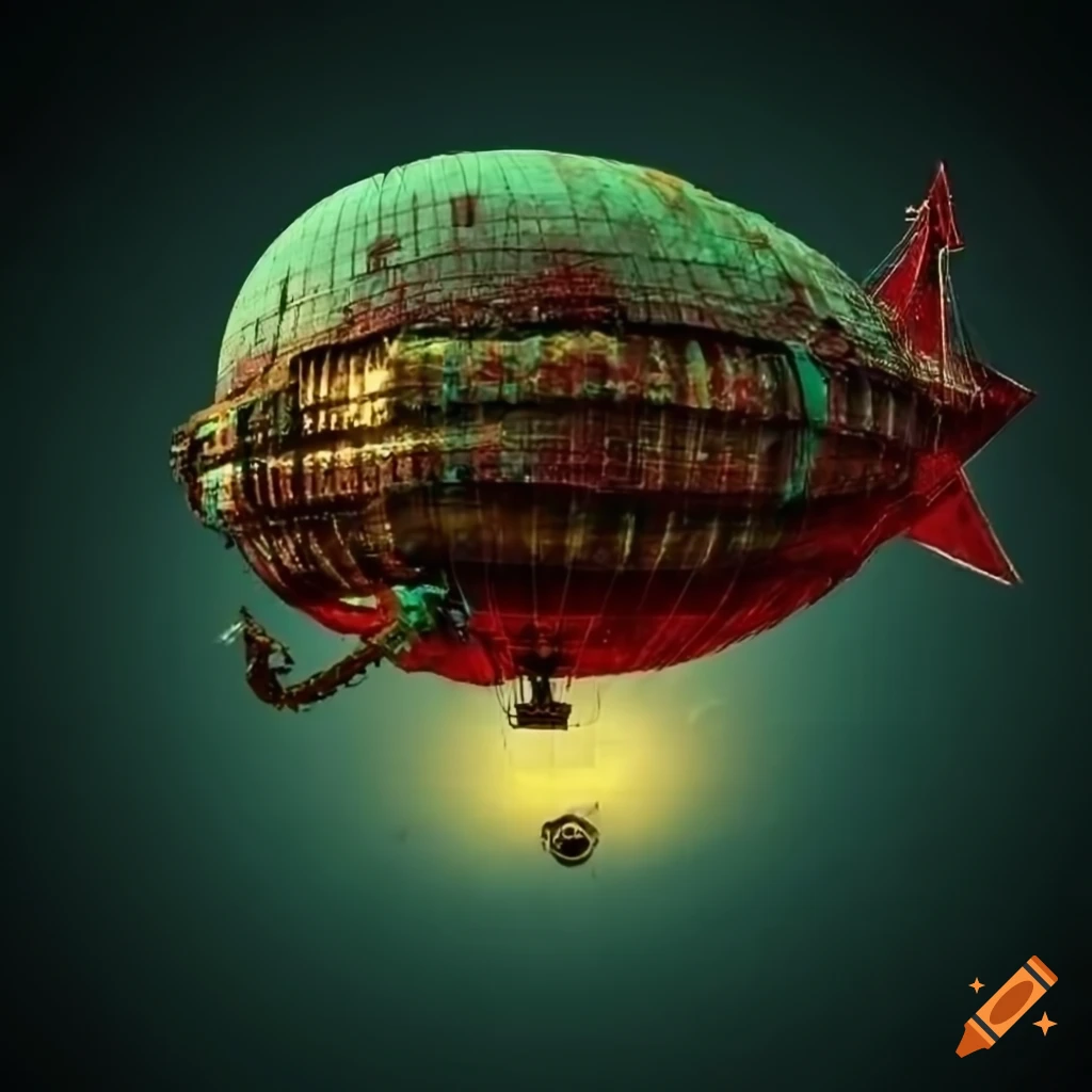 steampunk city with moss-covered airship
